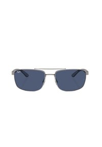 Occhiali da sole in metallo con lenti rettangolari di colore navy, montatura in argento e tempie sottili. Presentano un doppio ponte e il logo sulla lente sinistra.
