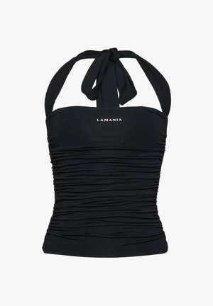 Mustast hõlmikkujulisest kaelusega kortsuline top, mille kaeluses on pael ja rinnal keskel LAMANIA logo.