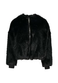 Giacca in pelliccia nera, design corto, chiusura frontale con zip, pelliccia ecologica a trama, polsini e orlo a costine. Nessun accento decorativo o motivo.