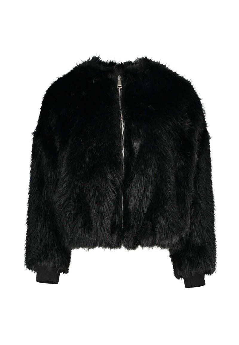 Giacca in pelliccia nera, design corto, chiusura frontale con zip, pelliccia ecologica a trama, polsini e orlo a costine. Nessun accento decorativo o motivo.