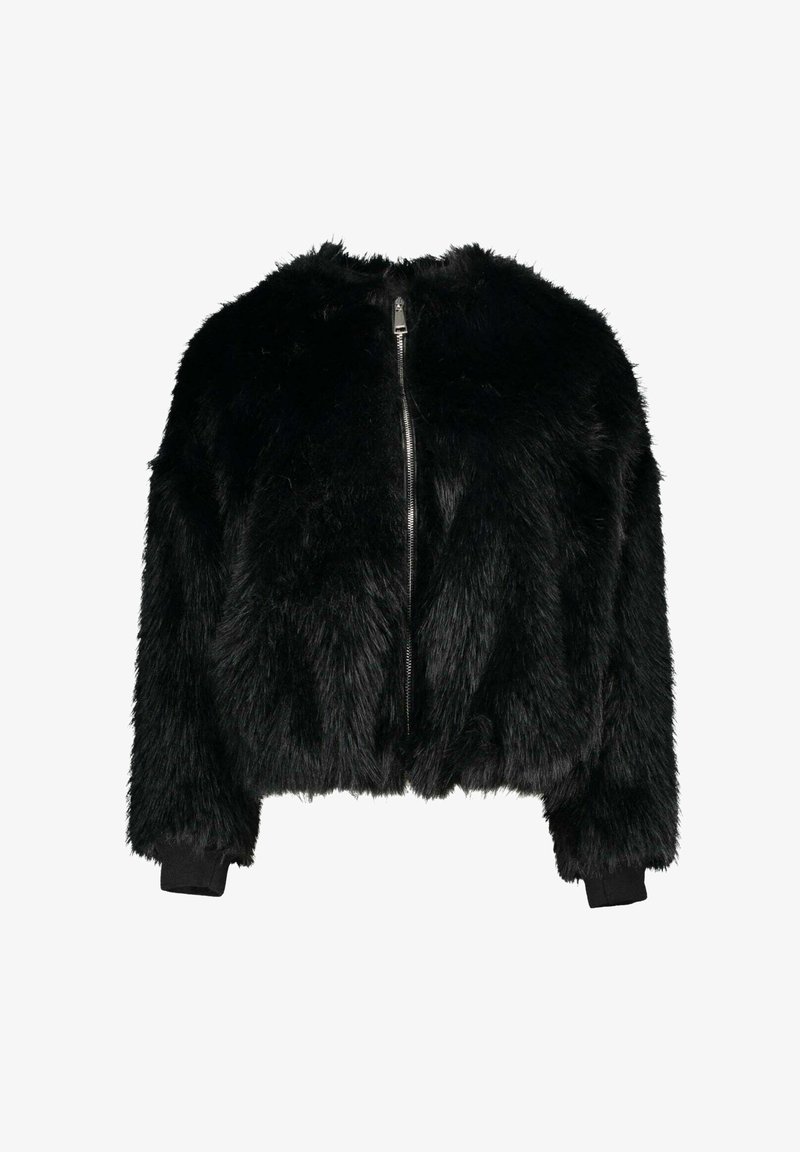 Giacca in pelliccia nera, design corto, chiusura frontale con zip, pelliccia ecologica a trama, polsini e orlo a costine. Nessun accento decorativo o motivo.