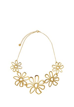 Collana in metallo dorato con cinque ciondoli traforati a forma di fiore collegati tra loro su una delicata catena con chiusura regolabile.
