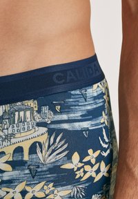 Navy blue boxer shorts with a patterned design featuring yellow flowers and architectural elements. The waistband has a textured logo.