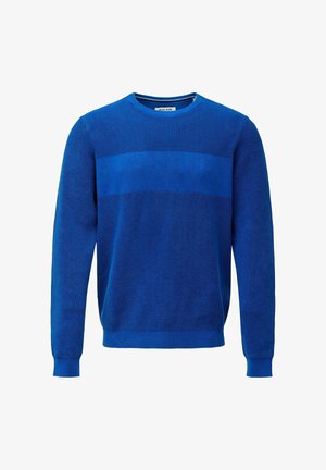 Blauwe gebreide trui met lange mouwen, van textuurstof, met ribgebreide manchetten en zoom, en een effen horizontale band over de borst.