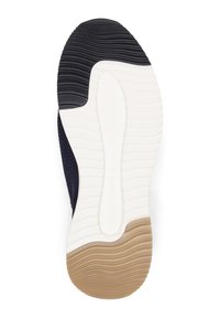 Podeszwa sneakersów z czarną gumą na pięcie, biała podeszwa środkowa z falistym wzorem i beżowa podeszwa zewnętrzna. Teksturowana górna część zapewniająca przyczepność.