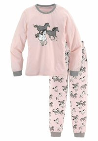 Dlhý rukáv, ružový pyžamový set so šedými doplnkami; tričko má vzor cválajúcich koní a nohavice majú opakujúci sa vzor koní. Bavlnený materiál.