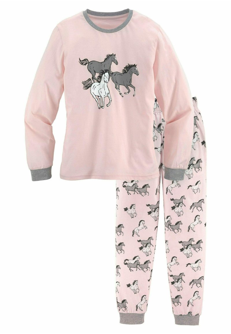 Dlhý rukáv, ružový pyžamový set so šedými doplnkami; tričko má vzor cválajúcich koní a nohavice majú opakujúci sa vzor koní. Bavlnený materiál.