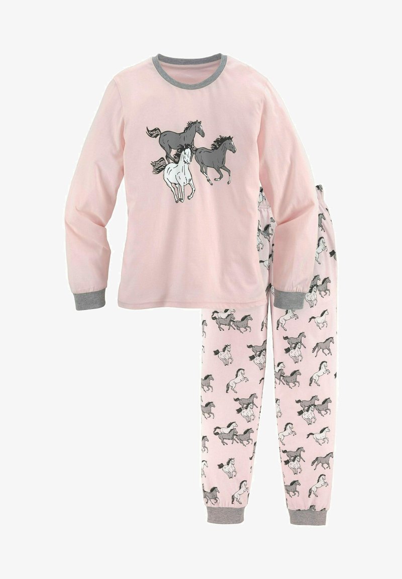 Dlhý rukáv, ružový pyžamový set so šedými doplnkami; tričko má vzor cválajúcich koní a nohavice majú opakujúci sa vzor koní. Bavlnený materiál.
