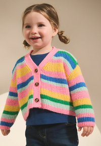 Multicolored knitted cardigan featuring pink, yellow, green, blue, and purple stripes with a V-neck, three buttons, and ribbed texture.