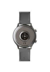 Smartwatch mit rundem, metallisch grauem Gehäuse, einer glatten Oberfläche und einem grauen Silikonarmband. Auf der Rückseite befinden sich Sensoren.