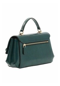 Sac à main vert à motif crocodile avec une forme structurée, une poignée supérieure et un détail de fermeture éclair ton or. Matériau synthétique texturé.
