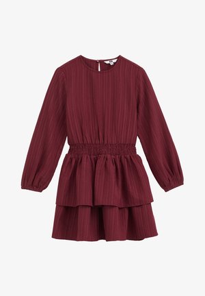Langärmliges, burgunderfarbenes Kleid mit elastischem Bund und mehrlagigem Rock, mit kleinem Knopfverschluss am hinteren Halsausschnitt.