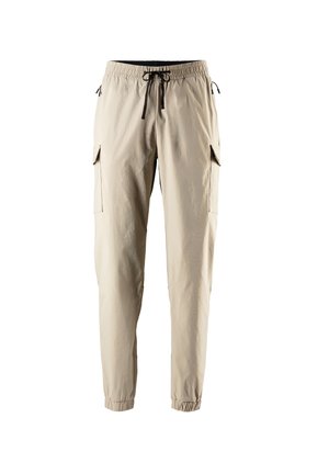 Beige cargo pants with elastic waistband and cuffs, black drawstring, and pockets on both thighs.