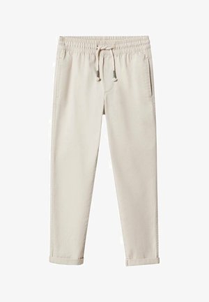 Hellbeige Freizeit-Hose mit elastischem Bund, Kordelzugverschluss, Seitentaschen und gekrempelten Säumen.