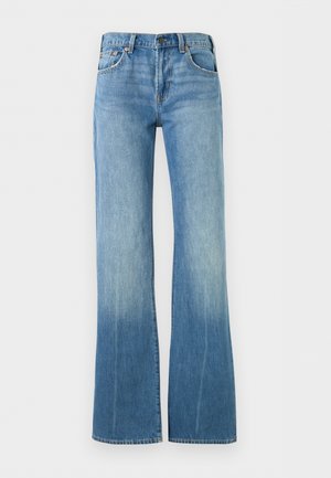 Hellblaue Jeans aus Denim mit hohem Bund und ausgestellten Beinen, ausgestattet mit vorderen Taschen und Knopfverschluss.