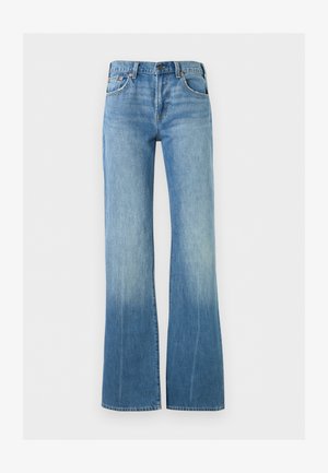 Hellblaue Jeans aus Denim mit hohem Bund und ausgestellten Beinen, ausgestattet mit vorderen Taschen und Knopfverschluss.