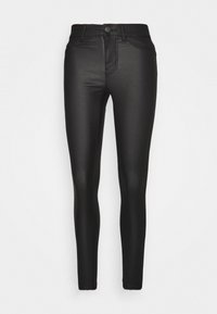 Jeans skinny negros de material suave, con una cintura alta, bolsillos delanteros y un detalle de costura mínima en toda su superficie.