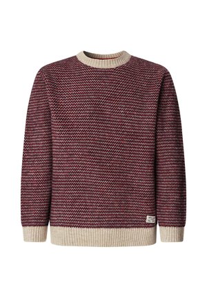 Suéter de punto con un patrón en zigzag burdeos y crema, cuello redondo y puños acanalados, etiqueta en el lado inferior. Textura suave.
