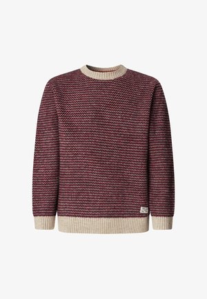 Pull en laine tricoté avec un motif zigzag bourgogne et crème, col rond et poignets côtelés, étiquette sur le côté inférieur. Texture douce.