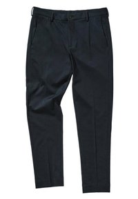 Navy trousers with a tailored fit, featuring a button closure, front pleats, and a smooth texture. No visible patterns or accents.