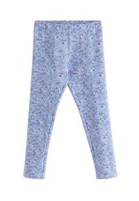 Lila blommiga leggings i ett elastiskt, mjukt tyg med en figurnära design. Små blommor i blått, rosa och grönt över hela.