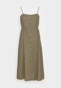 Robe midi en vert olive, faite de tissu léger. Elle présente des bretelles spaghetti ajustables, une fermeture à boutons sur le devant et une taille froncée.