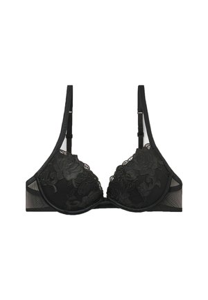 Soutien-gorge en dentelle noire avec broderies florales, soutien-gorge à armatures, panneaux en maille et bretelles réglables avec fermeture au dos.