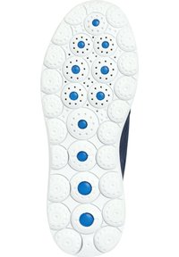 Suela de zapato con una base de goma blanca, acentos azules circulares y orificios de ventilación. Diseñada para tracción y transpirabilidad.