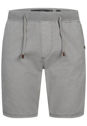 Pantaloncini casual grigio chiaro con vita elastica, coulisse e tasche laterali, progettati per il comfort e l'uso quotidiano.