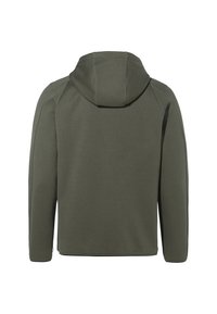 Kapuzensweatshirt in dunklem Olivgrün. Glatter Stoff mit einer lockeren Passform, präsentiert Raglanärmel und einen geraden Saum am unteren Ende.