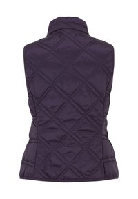 Lila gesteppte Weste mit hohem Kragen, die diagonale Nähmuster und eine taillierte Silhouette aufweist. Hergestellt aus einem glatten, glänzenden Material.