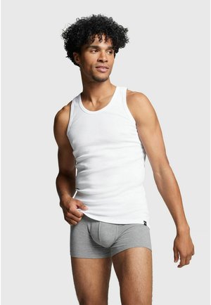 White sleeveless tank top and gray boxer briefs. The tank has a classic fit, and the briefs feature a contoured front for support.