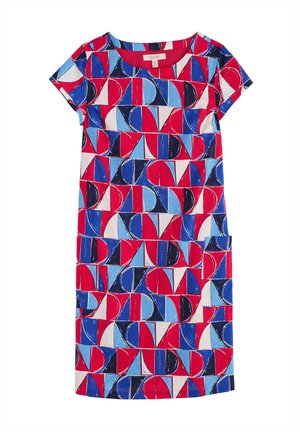 Korte mouw jurk met een geometrisch patroon in rood, blauw en wit, met zakken en een ronde halslijn, gemaakt van lichtgewicht stof.