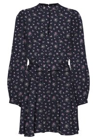 Marinblå klänning med långa puffärmar, blommönster i lila och vitt, åtdraget midja med band, och nyckelhålskrage.