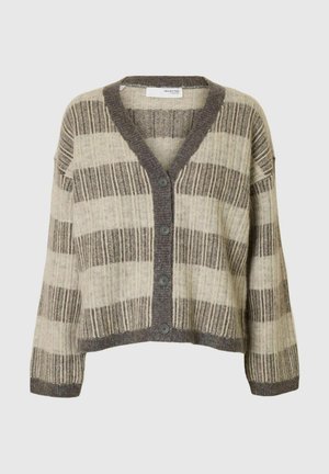 Knitted cardigan with a V-neck, featuring a beige and gray striped pattern. Includes five dark buttons and ribbed cuffs and hem.