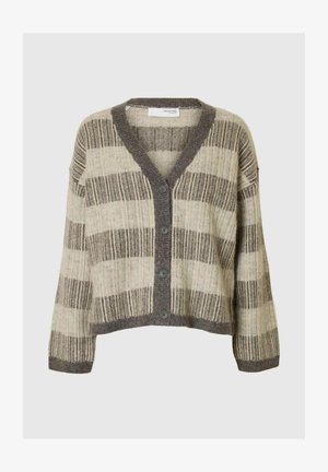 Knitted cardigan with a V-neck, featuring a beige and gray striped pattern. Includes five dark buttons and ribbed cuffs and hem.