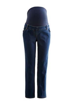 Ciemnoniebieskie spodnie ciążowe z wysokim elastycznym pasem wydłużonym ponad brzuch, prosty krój nogawek, kieszenie z przodu i z tyłu.