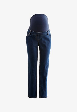 Mørkeblå graviditetsjeans med en høj strækbar talje, der går over maven, straight ben, lommer foran og bagpå.