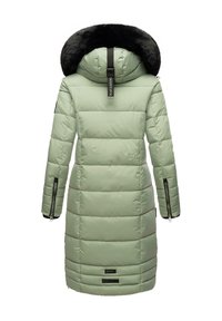 Green puffer coat with a faux fur hood, zippered sleeves, and quilted pattern. Features branding and a mid-length design.