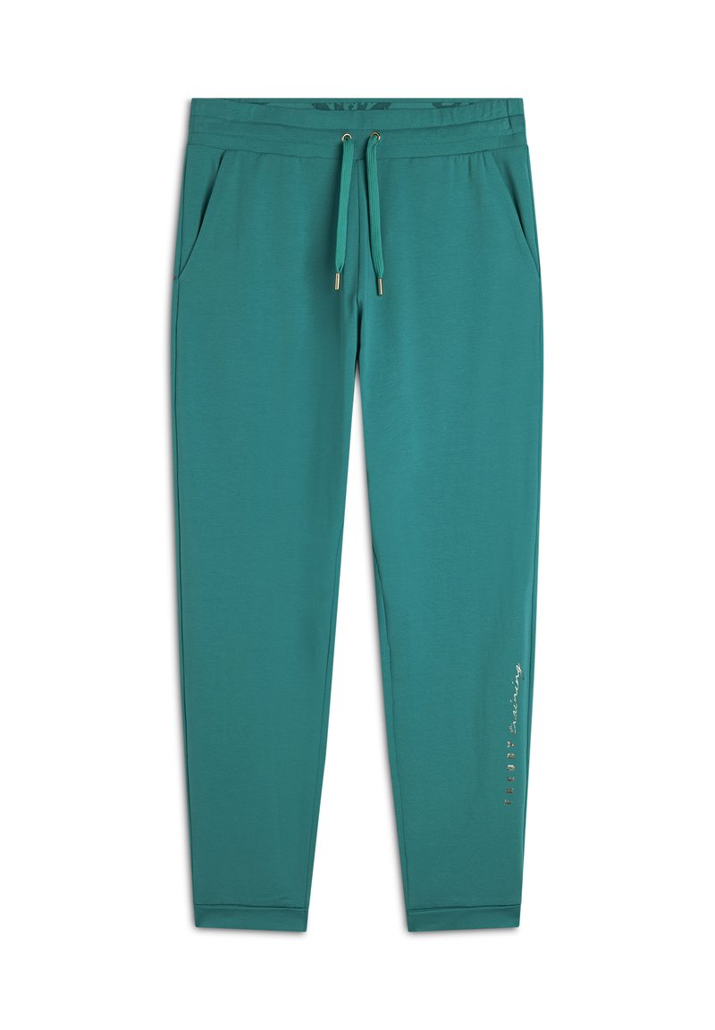 Pantalons de jogging teal avec une taille élastique à cordon de serrage, deux poches latérales et un détail imprimé sur la jambe gauche. Tissu doux et lisse.