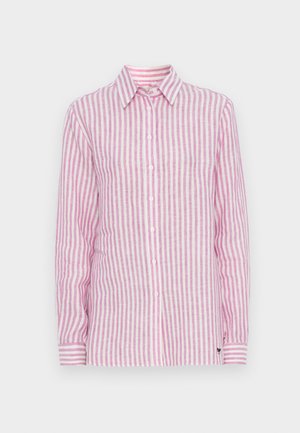 Langermet skjorte i rosa og hvite striper av linen, med klassisk krage, knappelukking foran og mansjetter med stripede detaljer.