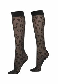 Průhledné černé ponožky po kolena s leopardím vzorem v různých odstínech tmavě hnědé, s pevným černým páskem nahoře.