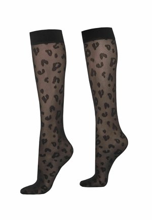 Chaussettes noires transparentes monte-genoux ornées d'un motif léopard dans des nuances de brun foncé, avec une bande noire solide en haut.