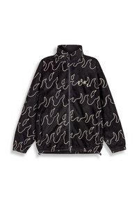Zwarte fleece jas met abstract crèmekleurig golfpatroon, hoge kraag, volledige ritssluiting, zijzakken en geborduurd logo op de borst.