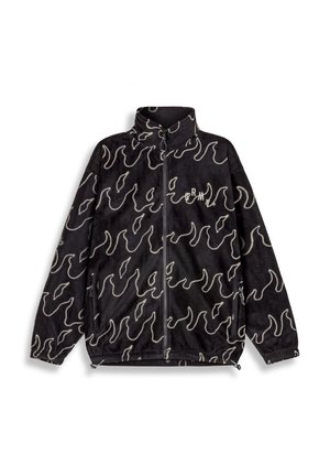 Black fleece jacket with abstract cream wave pattern, high collar, full zipper, side pockets, and embroidered logo on the chest.