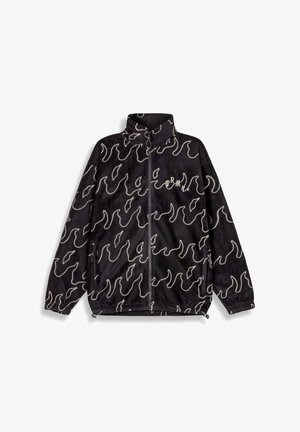 Black fleece jacket with abstract cream wave pattern, high collar, full zipper, side pockets, and embroidered logo on the chest.