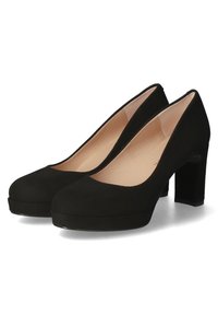 Scarpe con tacco alto in suede nero, con punta rotonda, suola piattaforma e tacchi a blocco spessi. L'interno presenta un rivestimento beige liscio.