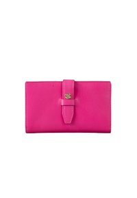 Pink leather wallet with a flap closure, gold hardware, and smooth texture. Features a rectangular shape and clean edges.