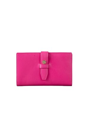 Pink leather wallet with a flap closure, gold hardware, and smooth texture. Features a rectangular shape and clean edges.
