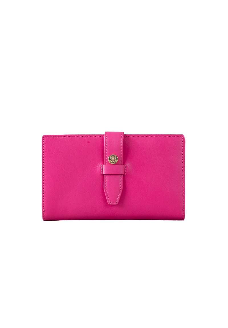 Pink leather wallet with a flap closure, gold hardware, and smooth texture. Features a rectangular shape and clean edges.